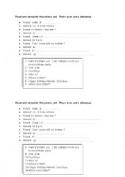 English Worksheet: phone call to invite a friend to birthday party