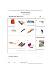 English Worksheet: Test on School Objects