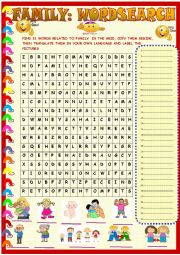 English Worksheet: Family  wordsearch with key