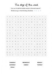 English Worksheet: The days of the week (5) WORD SEARCH with answer key