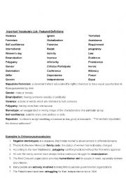 English Worksheet: important vocabulary and examples of its use