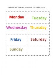 English Worksheet: Days of the week and activities - matching cards