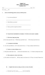 English Worksheet: sports and hobbies test