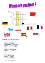 English Worksheet: Countries, to be, flags, nationalities