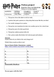 potter harry potions characters worksheet potion match name