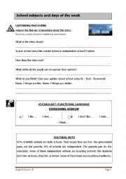 English Worksheet: School subjects and days of the week