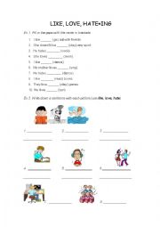 English Worksheet: like, love hate + ing form