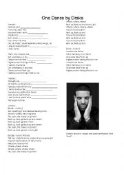 English Worksheet: One Dance By Drake  Gap Fill 