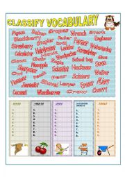 English Worksheet: Classify  Vocabulary into categories