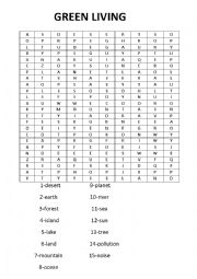 English Worksheet: GREEN LIVING - A Wordsearch