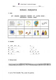 English Worksheet: School Subjects