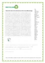 English Worksheet: Lets Recycle! Word search with a hidden message.