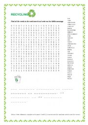 Lets Recycle! Word search with a hidden message.