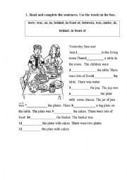 English Worksheet: Past Simple + in front of, behind, in, under