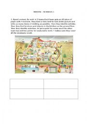 English Worksheet: Revision clothes, vehicles, furniture, present continuous