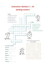 English Worksheet: Subtraction 1-20. Numbers spelling
