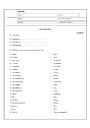 English Worksheet: Test about greetings, family, colors, personal pronouns and verb to be