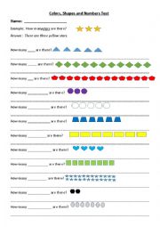 English Worksheet: Colors, Shapes and Numbers Test
