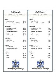 English Worksheet: Cafe Menu for Restaurant Role Play