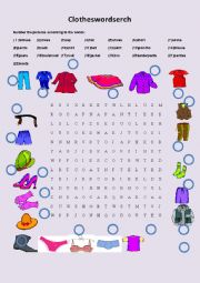 English Worksheet: Clothes wordseach