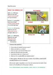 English Worksheet: WHAT THE ANIMALS SAY (a poem)