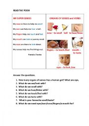 English Worksheet: MY SUPER SENSES (a poem)