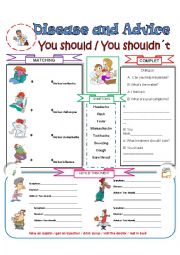 English Worksheet: DISEASE / SYMPTOMS / ADVICE / TREATMEN