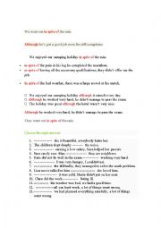 English Worksheet: although , n spite of