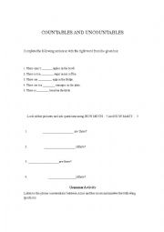 English Worksheet: countables and uncontables