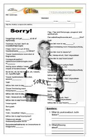 English Worksheet: SONG WORKSHEET SORRY - JUSTIN BIEBER