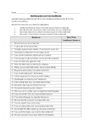 English Worksheet: Identifying Zero and First Conditionals