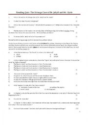 English Worksheet: Contrle de lecture Dr Jekyll and Mr Hyde / Reading quiz
