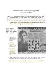 English Worksheet: IMITATION GAME QUOTES and follow-up activity on Alan Turing and Joan Clarke.