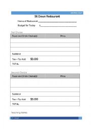 English Worksheet: Eating Out Sit Down Meal Planner
