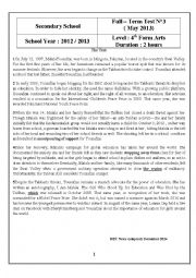 English Worksheet: end-of-term test3 4th form (arts)