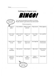 English Worksheet: BINGO Getting to know you