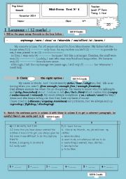 English Worksheet:   mid- term test 1 9th grade 