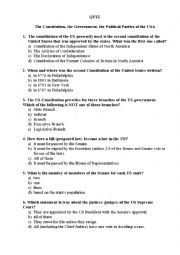English Worksheet: QUIZ  The Constitution, the Government, the Political Parties of the USA