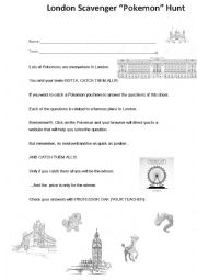 English Worksheet: LONDON SCAVENGER POKEMON HUNT Questions