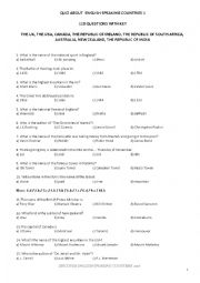 English Worksheet: I QUIZ WITH 110 QUESTIONS WITH KEY ABOUT ENGLISH SPEAKING COUNTRIES  