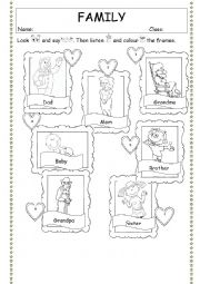 English Worksheet: Family members (Say, point, listen and colour)