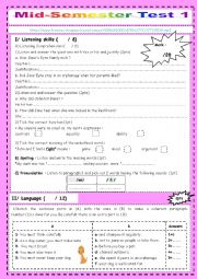 English Worksheet: Mid- Semester Test 1