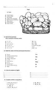 English Worksheet: Test_Colours_Numbers_Days of the week_pronouns_complete with the missing letter