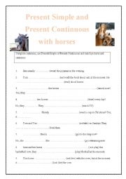 English Worksheet: Present Simple and Present Continuous with horses