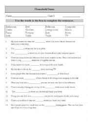 English Worksheet: Rooms in a house and Household Objects Fill in the blanks