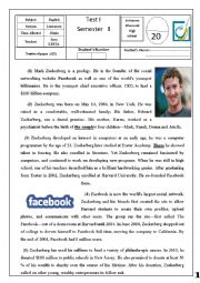 English Worksheet: second bac test- Mark Zuckerburg-Facebook- Reading