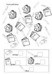 English Worksheet: Count and Colour school things, numbers 1-10 and colours