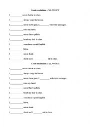 English Worksheet: good resolutions: Ill/ I wont 