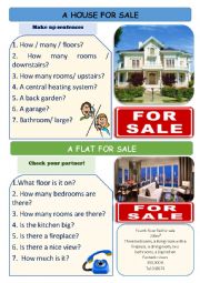 English Worksheet: Asking and giving information about a house/flat for sale (There is / there are) 2 Pages