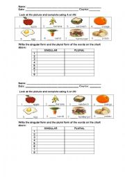 English Worksheet: SINGULAR PLURAL A - AN